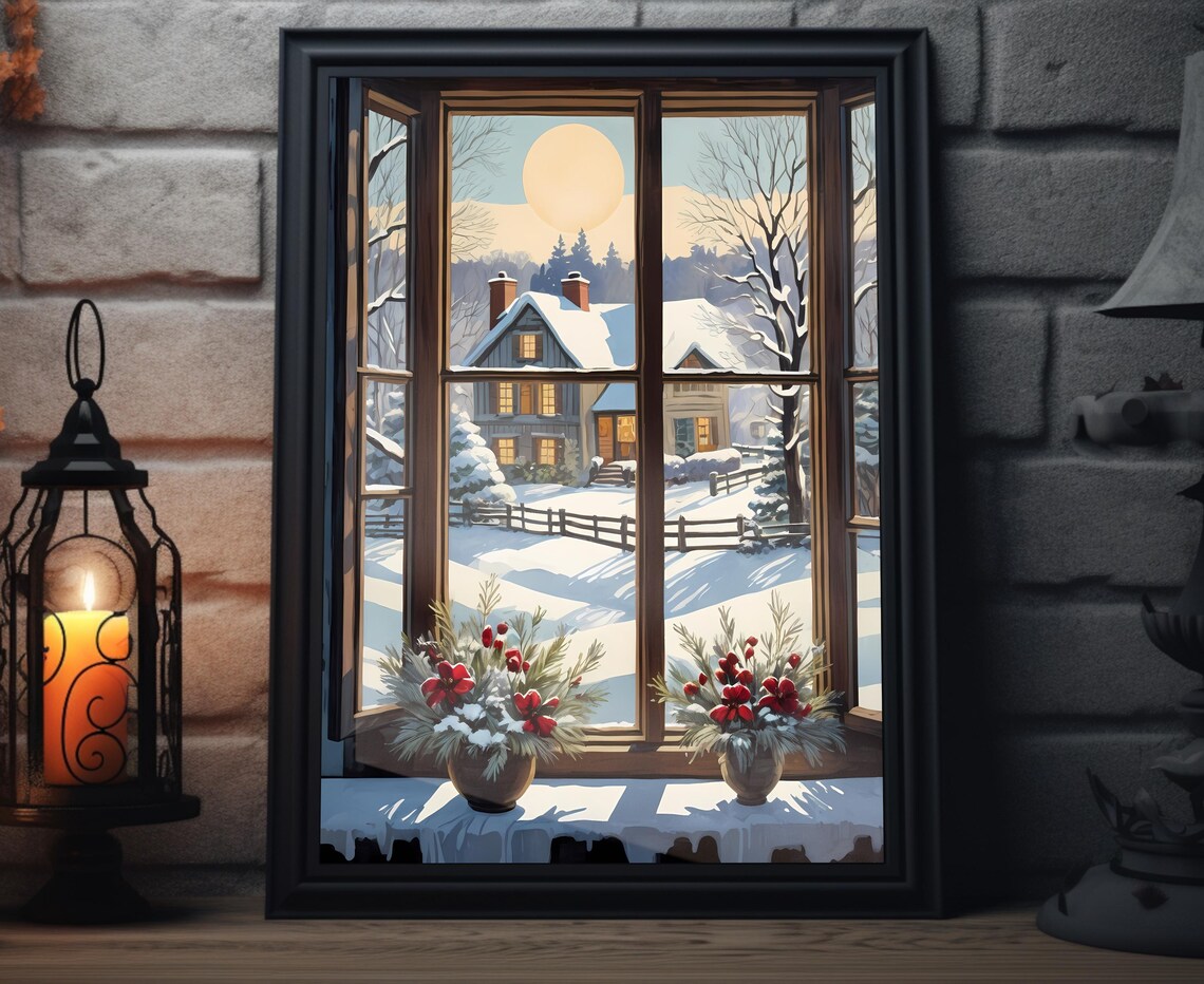 Snowy Farmhouse At Golden Sunrise Winter Window View Art Poster