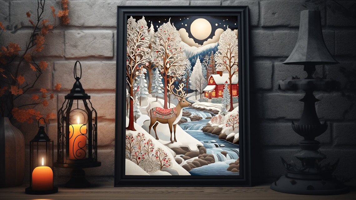 Christmas Reindeer Folk Art, Winter Art Print