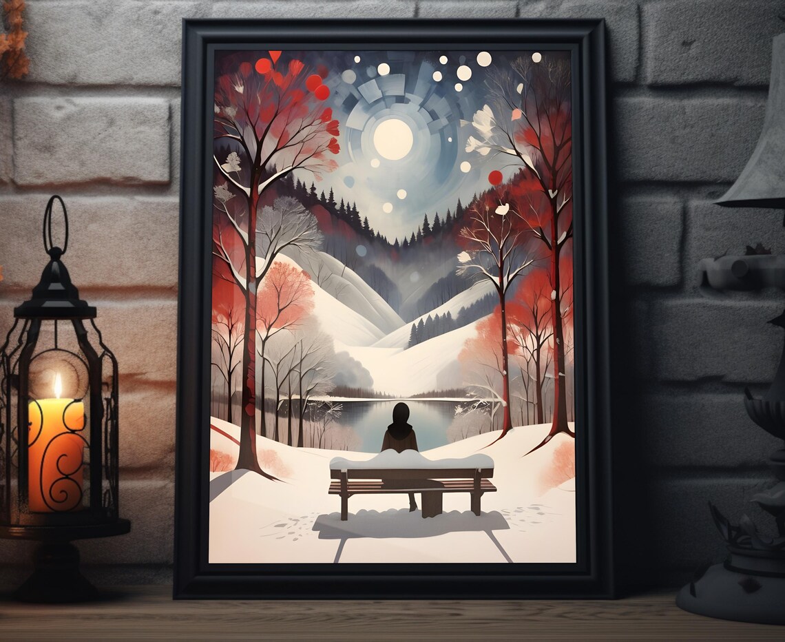 Winter Lakeview Folk Art Print Christmas Painting Artwork Christmas Winter Wall Art Xmas Holiday Decor For Home Snowy Holiday Poster