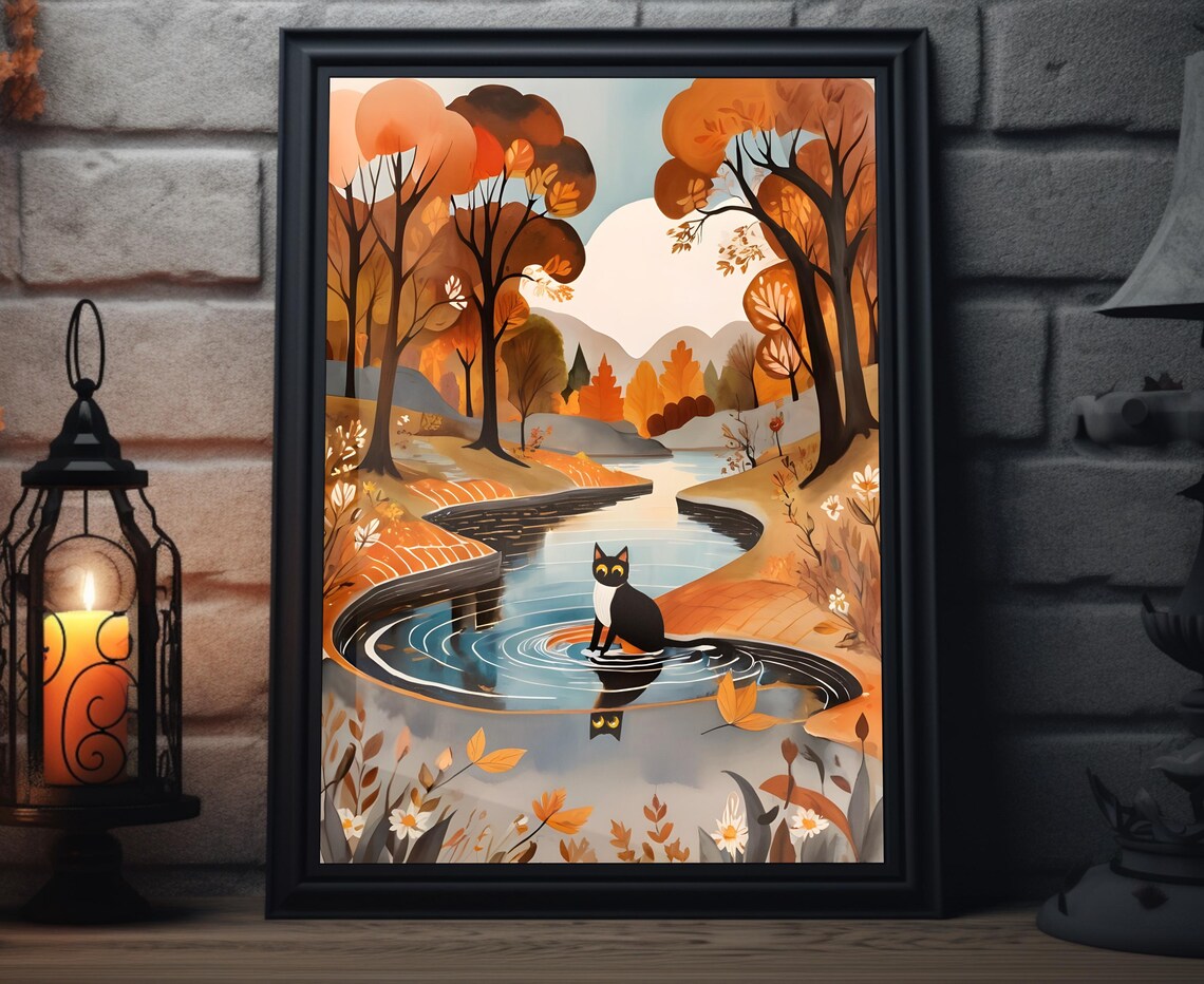 Black White Cat Pond Reflection Autumn Woods Folk Art Poster
