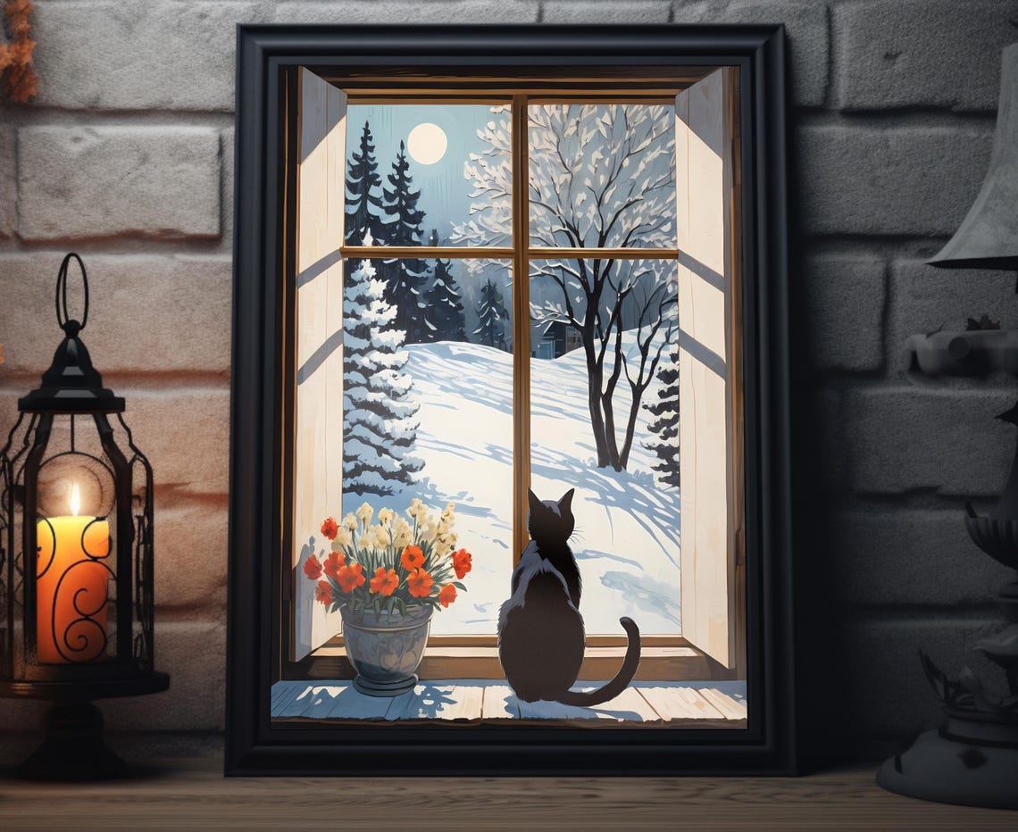 Black Cat Window Watching Snowy Moonlit Forest Winter Art Poster