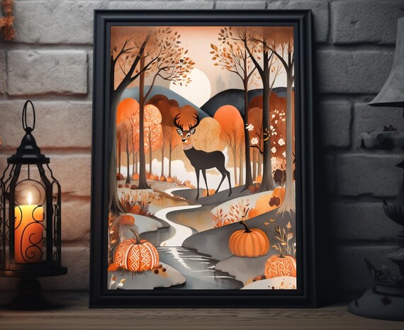 Autumn Deer Forest Stream Pumpkin Path Wildlife Folk Art Poster