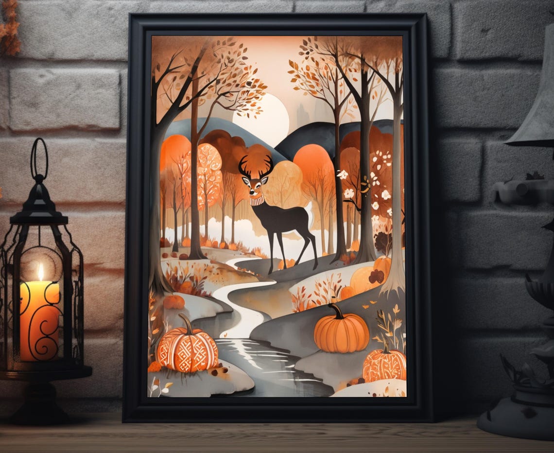Autumn Deer Forest Stream Pumpkin Path Wildlife Folk Art Poster