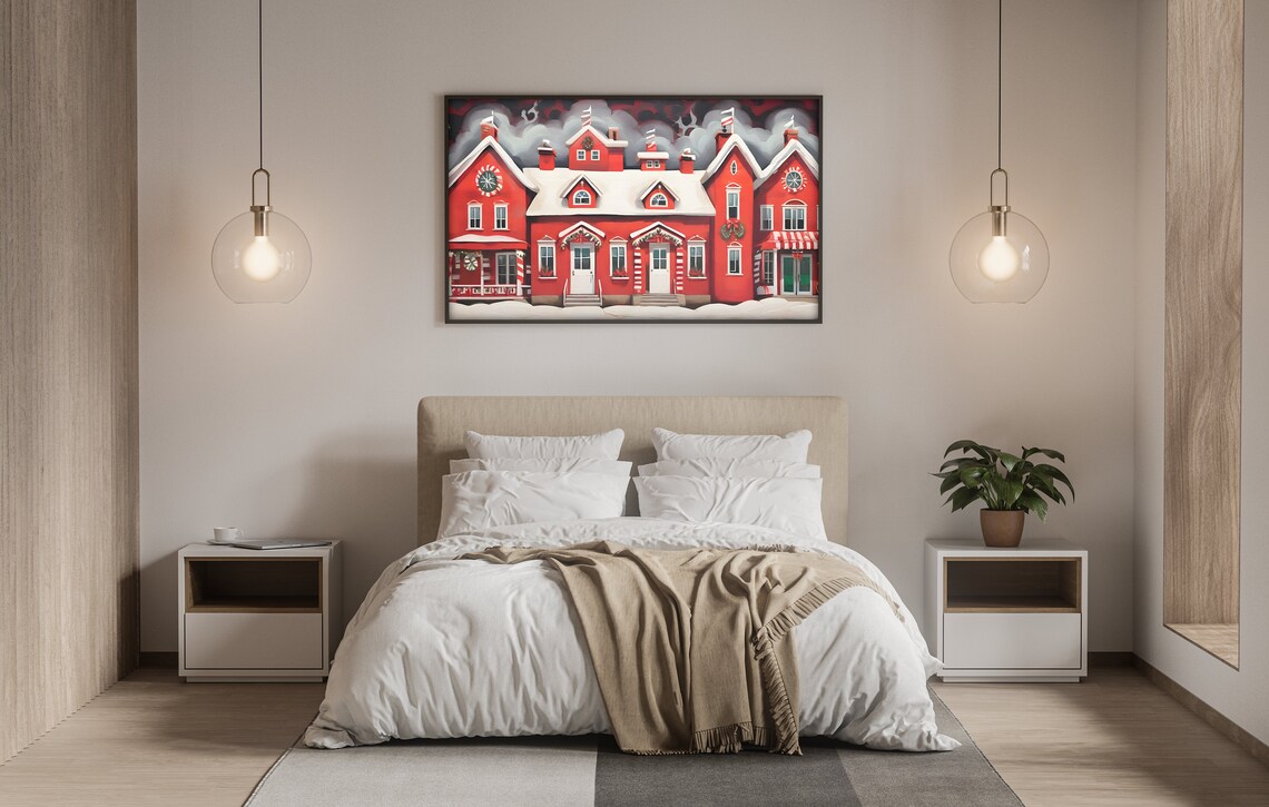 Folk Art Red Christmas House Snowy Roof Wreaths Holiday Poster - Image 4