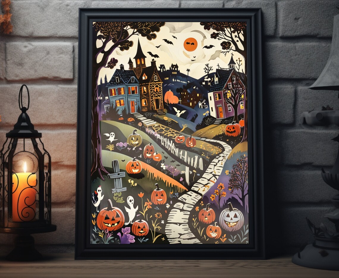 Vintage Halloween Town Ghosts Pumpkins Haunted Houses Art Poster