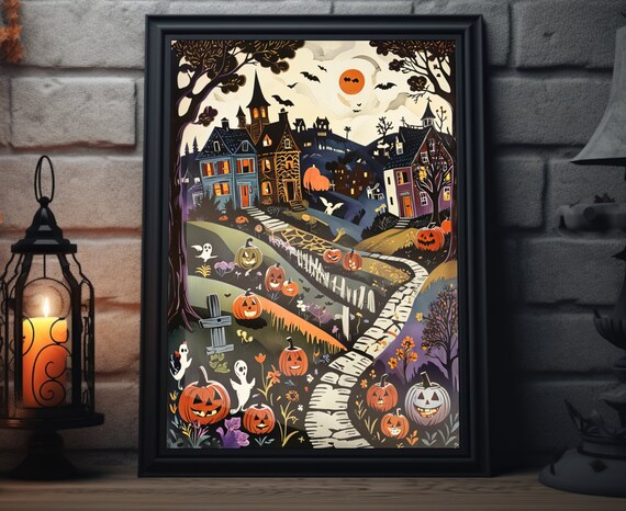 Vintage Halloween Town Ghosts Pumpkins Haunted Houses Art Poster