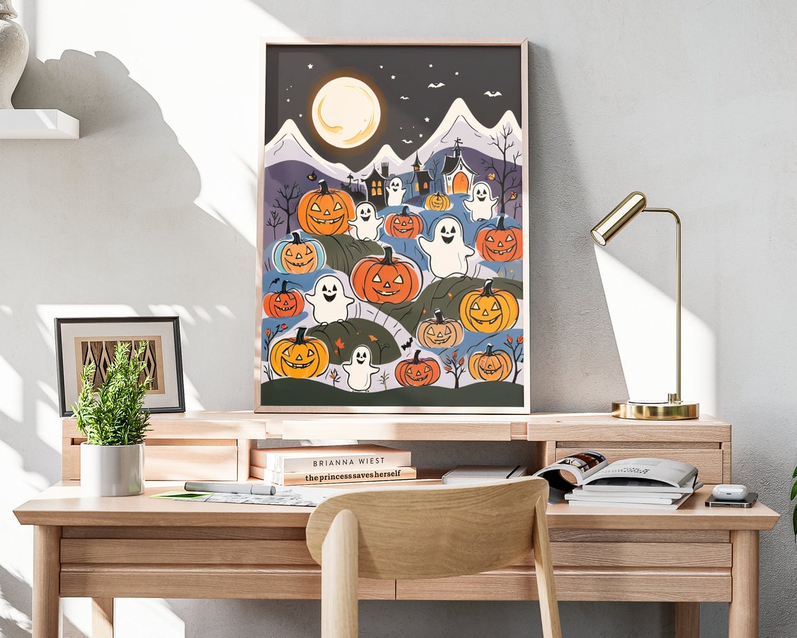 Cute Ghosts And Smiling Jack O Lanterns Halloween Night Art Poster - Image 4