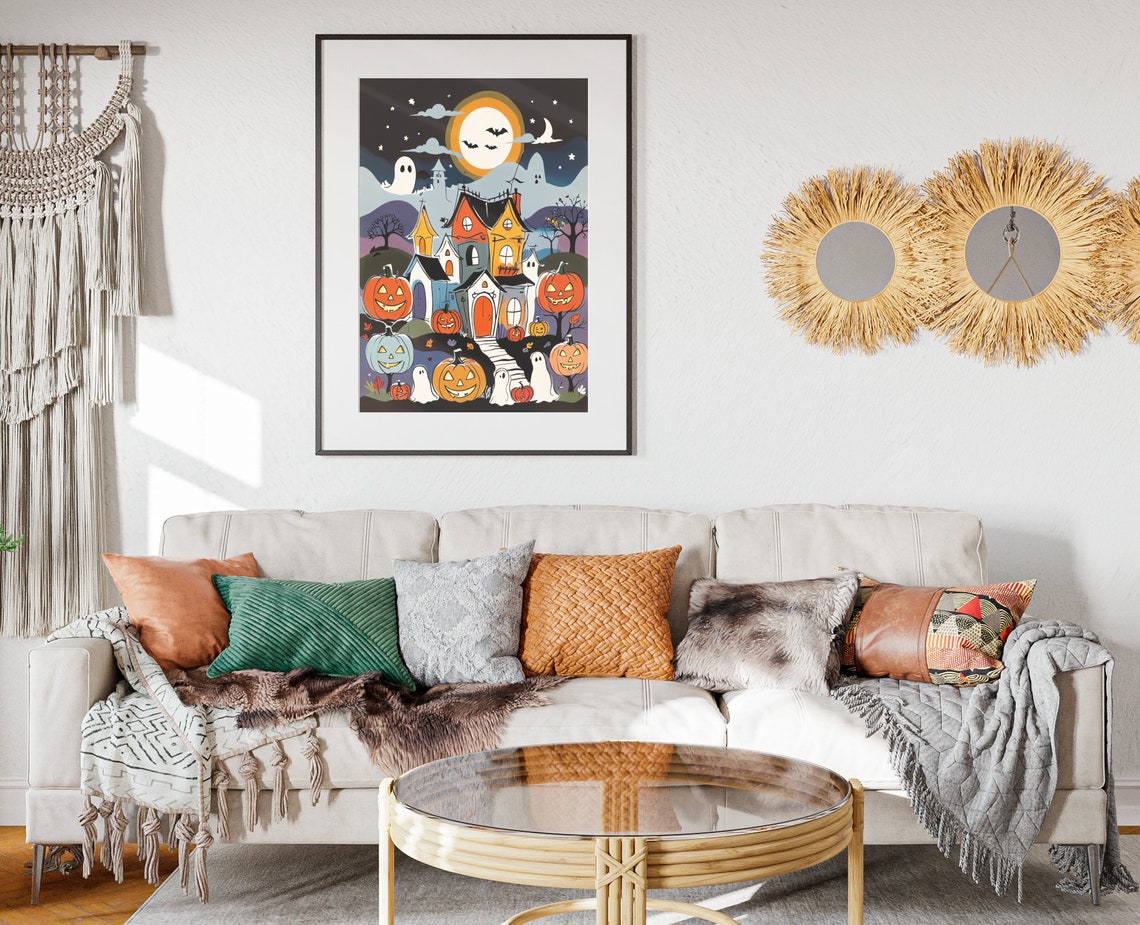 Spooky Halloween Town Under Full Moon Ghosts Pumpkins Art Poster - Image 2