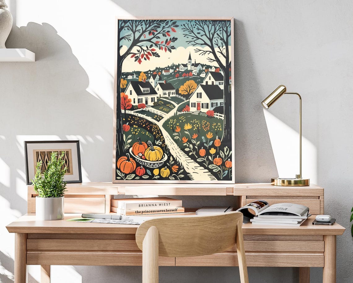 Fall Countryside Town Pumpkin Basket Path Woodcut Art Poster - Image 4