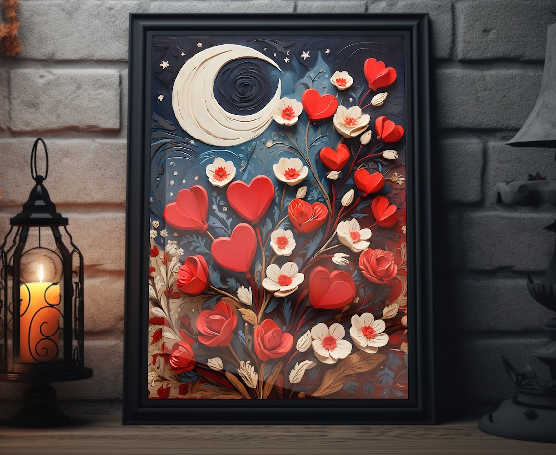 Valentines Quilled Heart Bouquet Roses Crescent Moon Romantic Poster