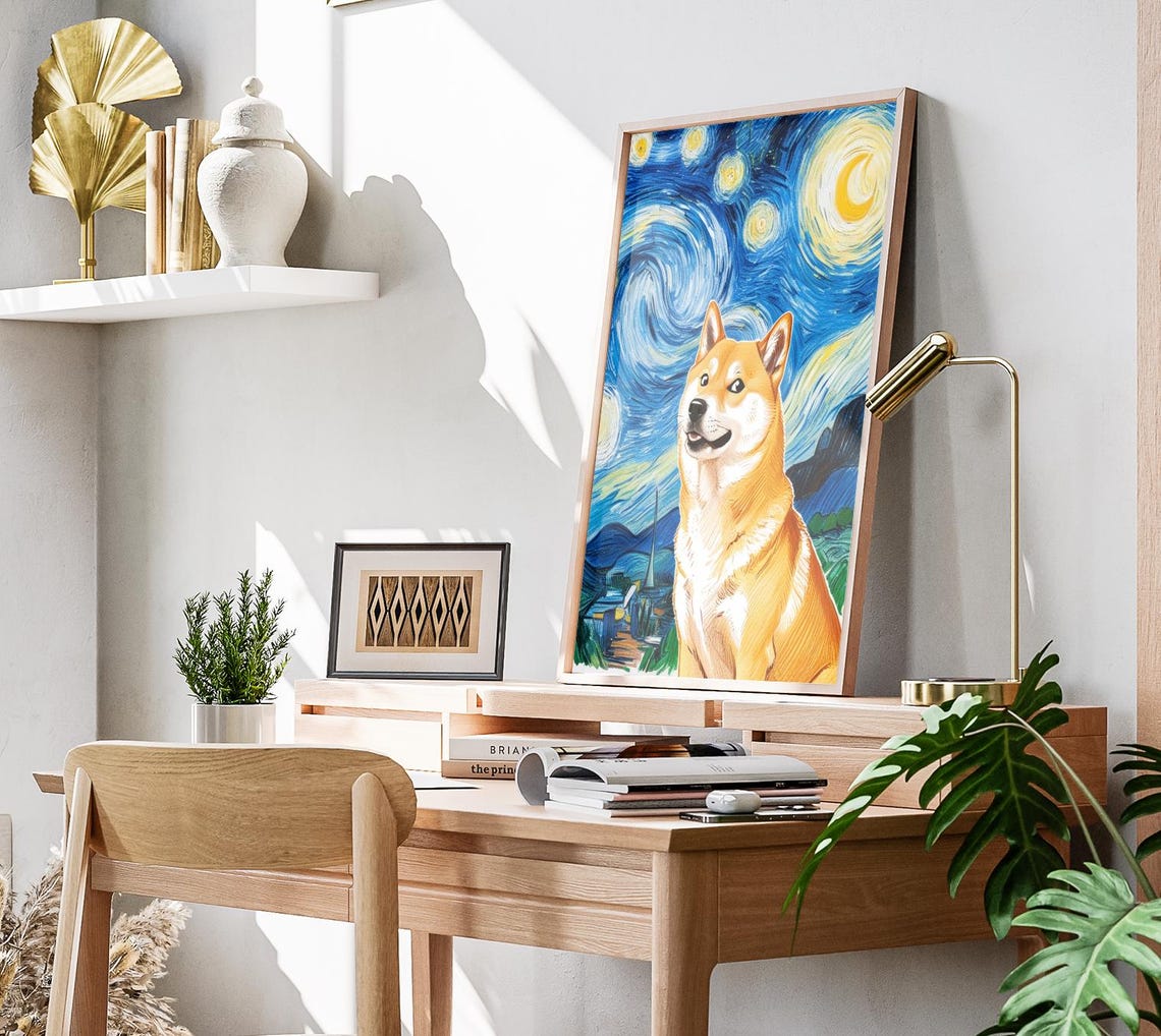 Doge Shiba Inu Starry Night Van Gogh Inspired Crypto Meme Art Poster - Image 3