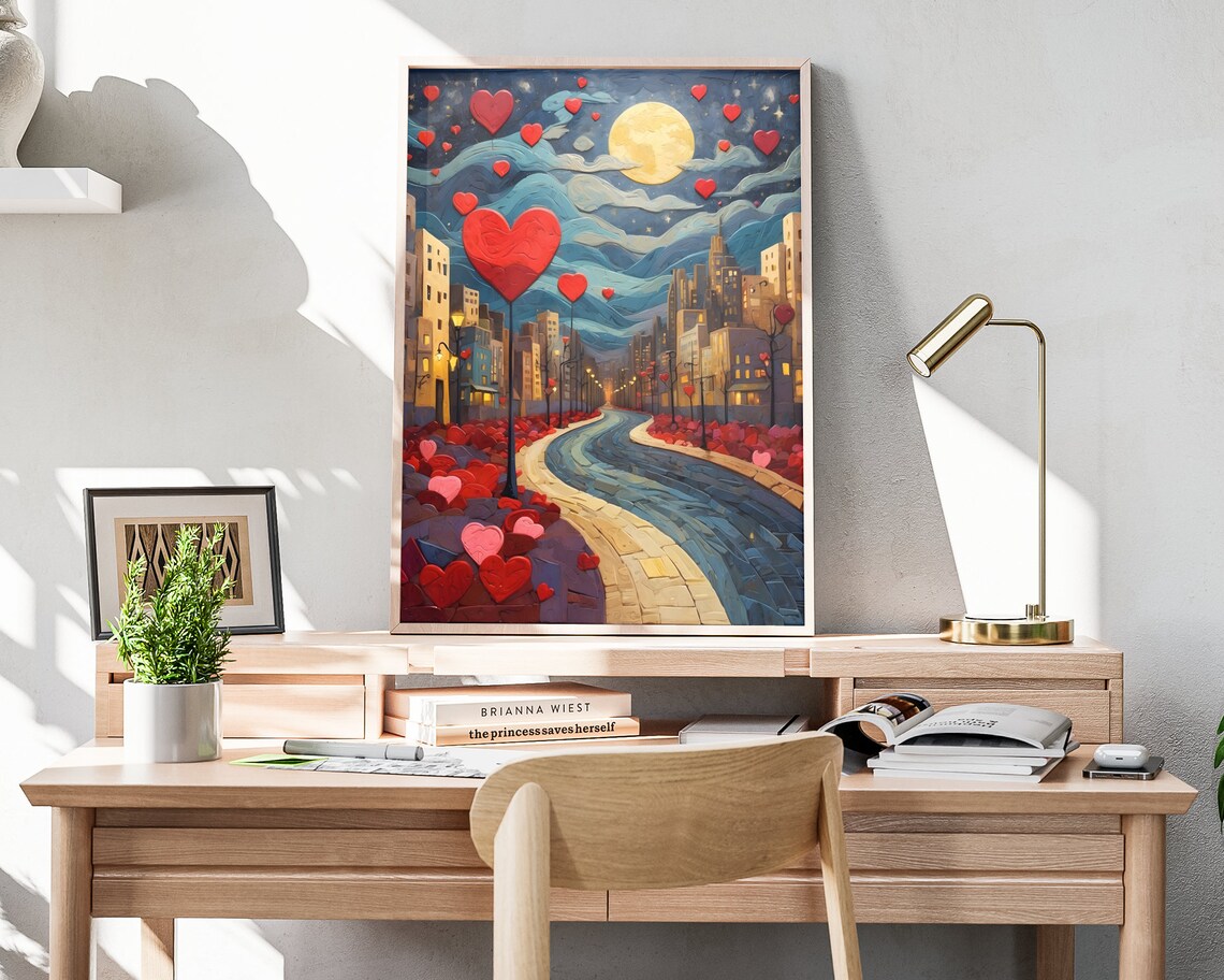 Valentines City Night Moonlit Street Heart Trees Romantic Folk Poster - Image 4