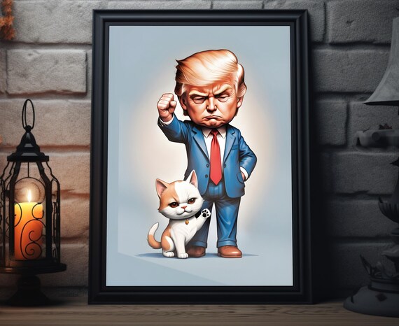 Donald Trump Cartoon Caricature With Cute Orange Cat Funny Art Print