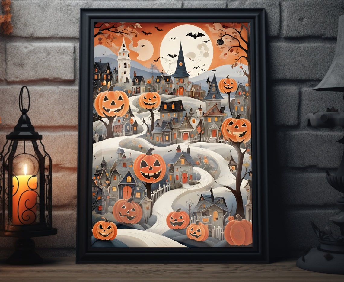 Halloween Town Giant Pumpkins Winding Road Moonlit Night Poster