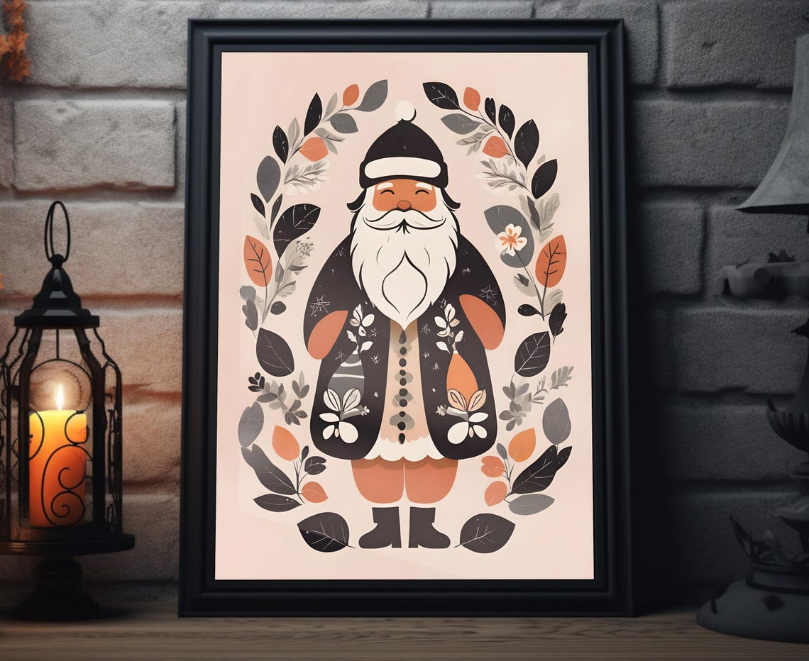Boho Scandinavian Santa Folk Coat Botanical Wreath Holiday Poster