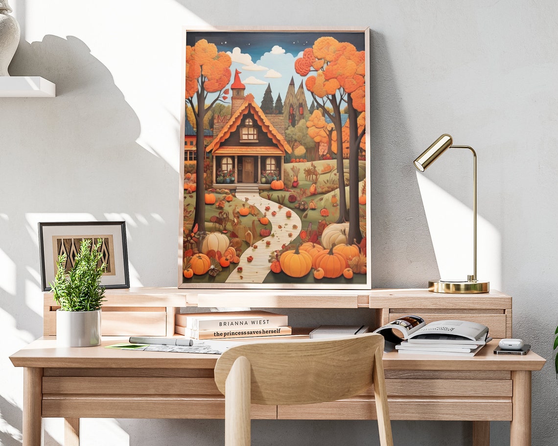 Autumn Cottage Red Roof Pumpkin Path Fall Forest Folk Poster - Image 4