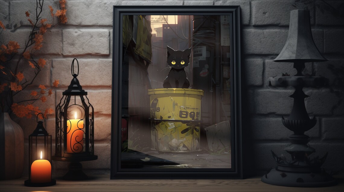 Original And Cute Anime Style Black Cat Art Print