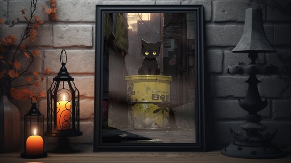 Original And Cute Anime Style Black Cat Art Print