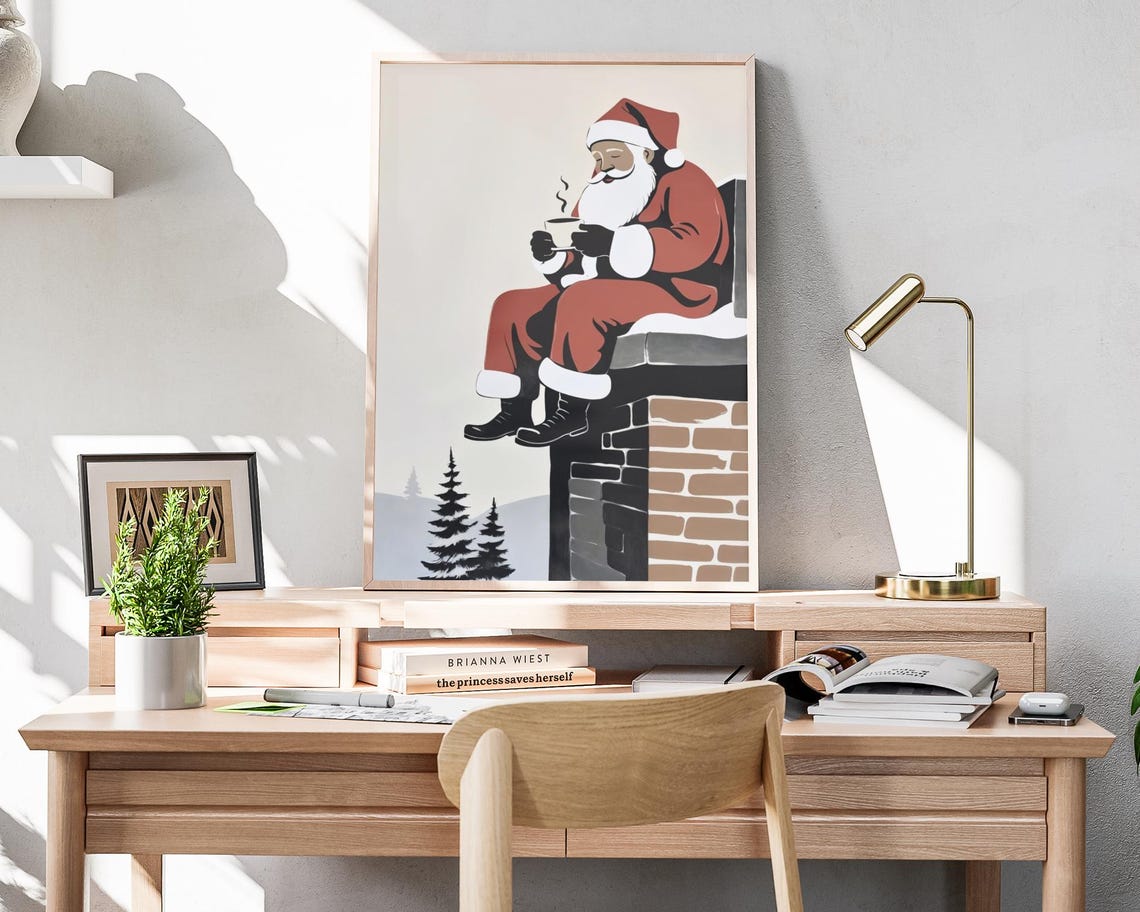 Minimalist Santa Claus Drinking Coffee On Chimney Christmas Art Print - Image 4