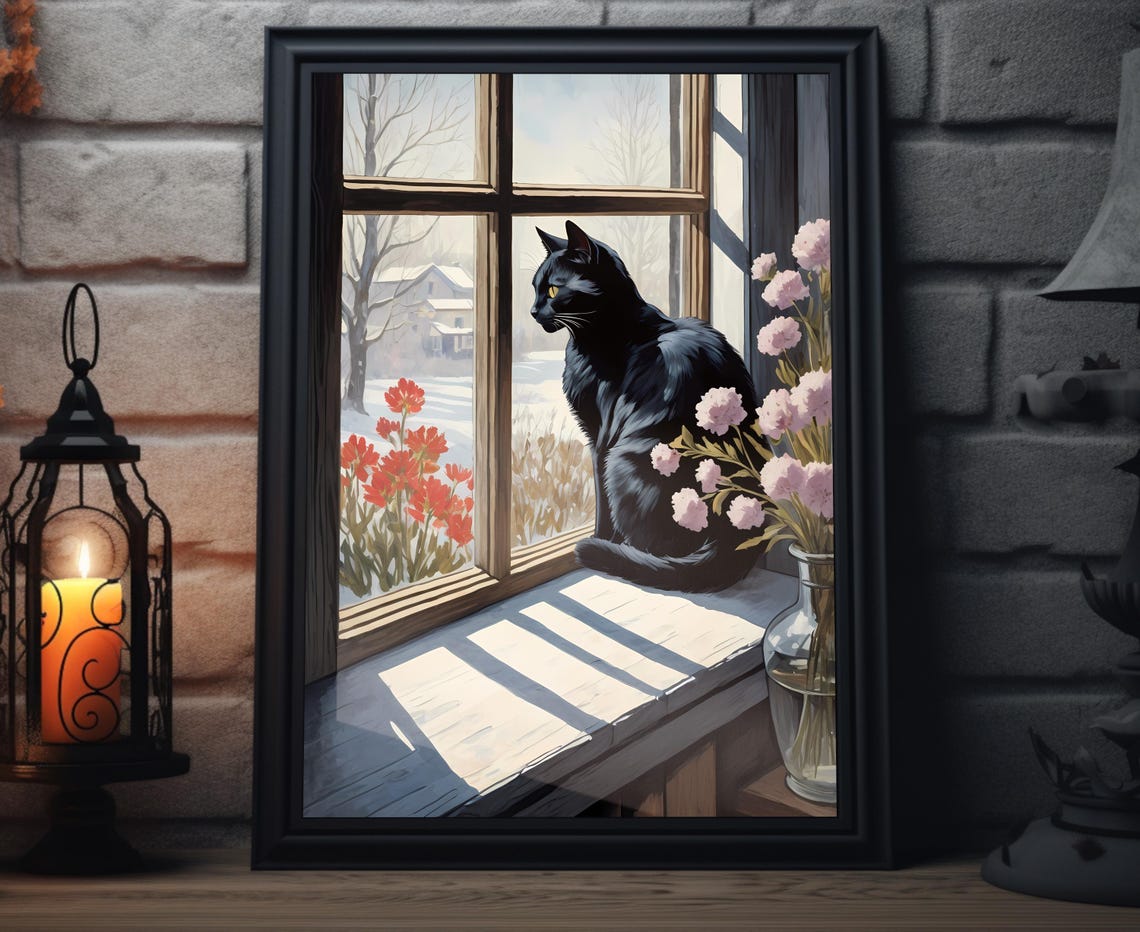 Black Cat On Windowsill Watching Snowy Garden Winter Wall Art Poster