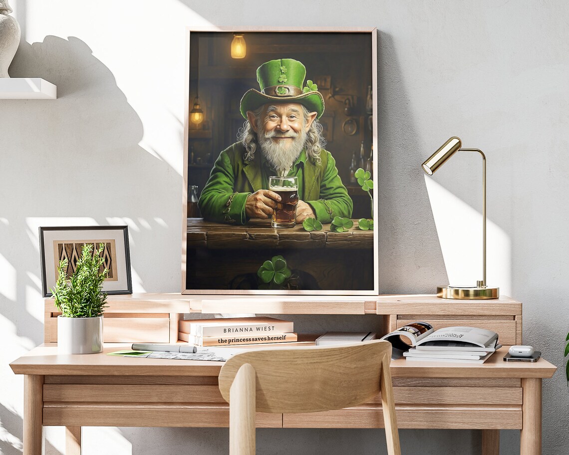Saint Patricks Day Leprechaun Drinking Beer Shamrock Pub Portrait Wall Art - Image 4