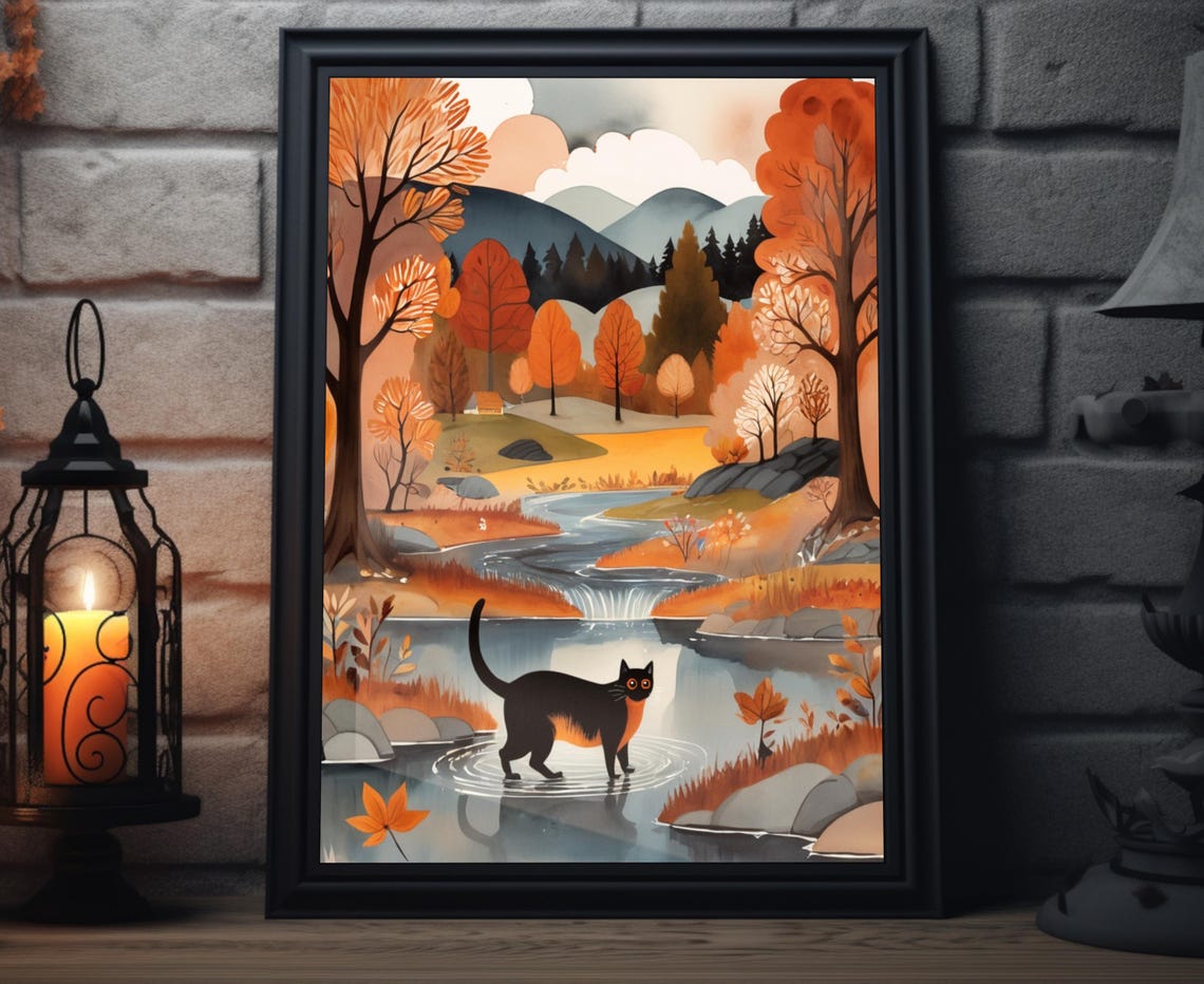Black Cat Autumn River Waterfall Mountain Stream Fall Art Poster