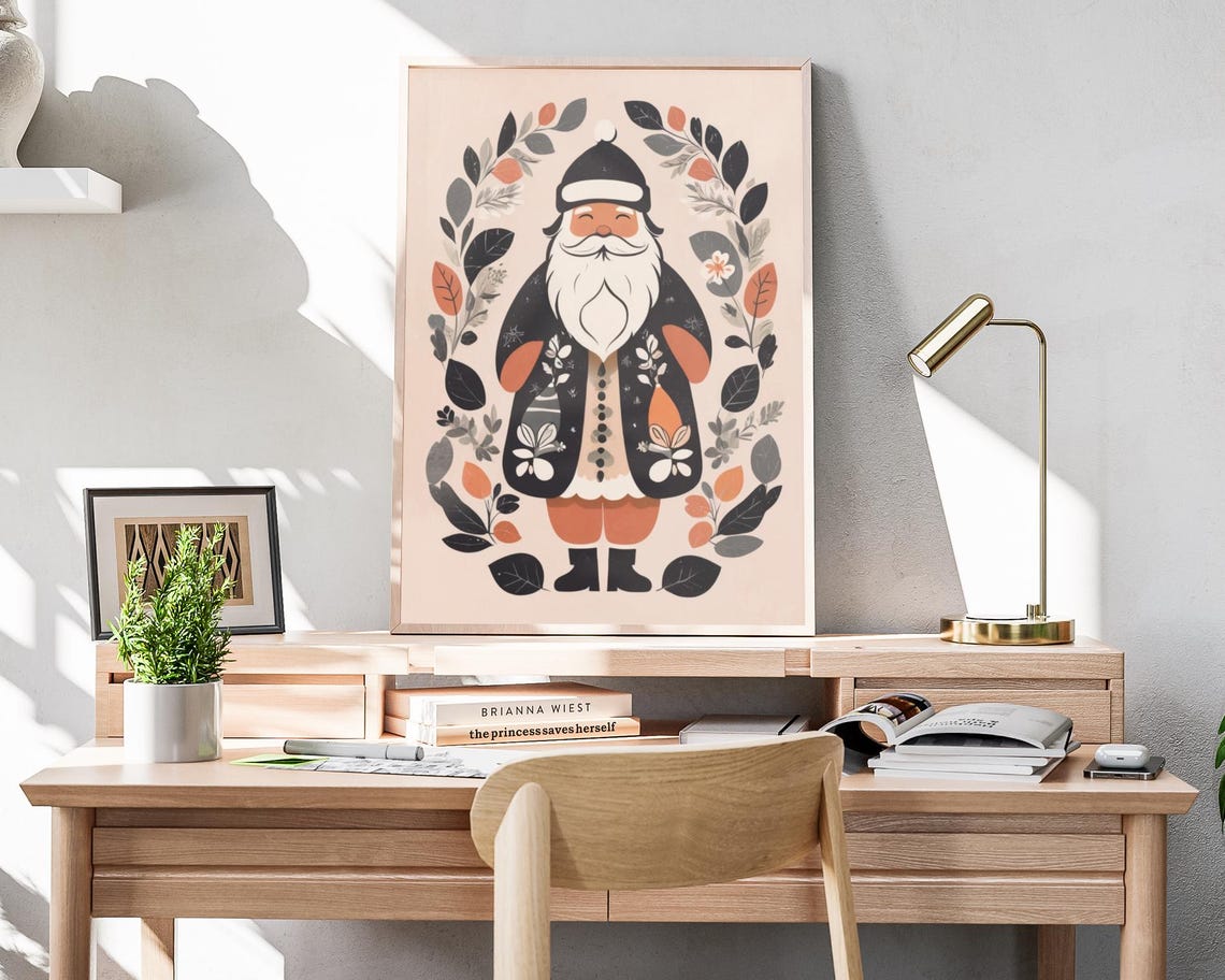 Boho Scandinavian Santa Folk Coat Botanical Wreath Holiday Poster - Image 4