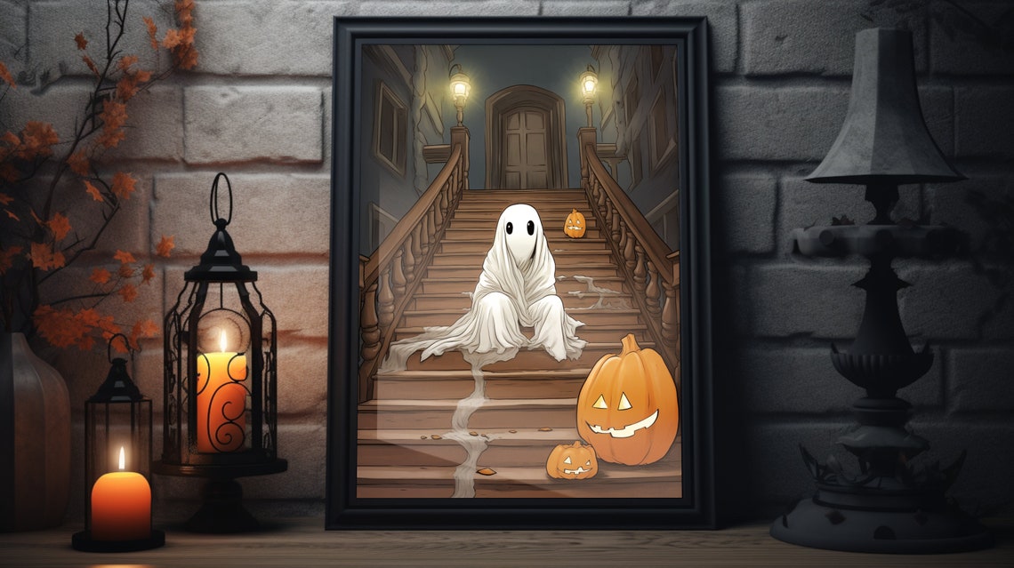 Funny Halloween Scene Wall Art Of Cute Ghost Sitting On Stairs Unframed Matte Poster