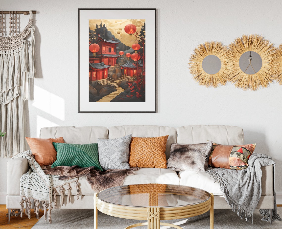 Chinese New Year Red Lanterns Golden Moon Mountain Art Poster - Image 2