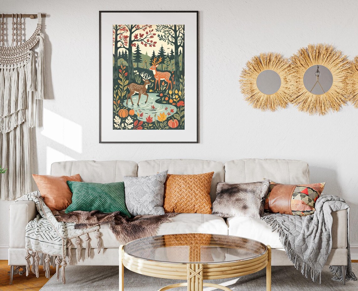 Fall Deer Woodcut, Pumpkin Forest Thanksgiving Art Print - Image 2