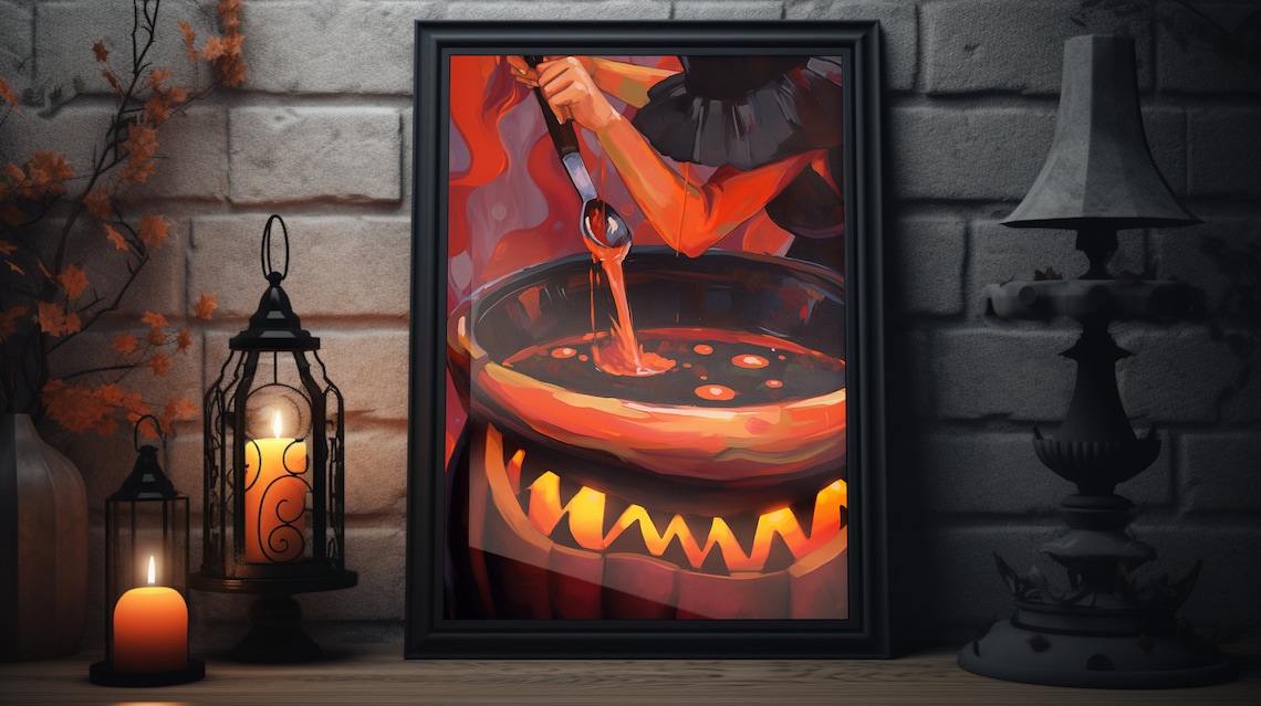 Witch Stirring Bubbling Jack O Lantern Cauldron Spooky Halloween Art Poster