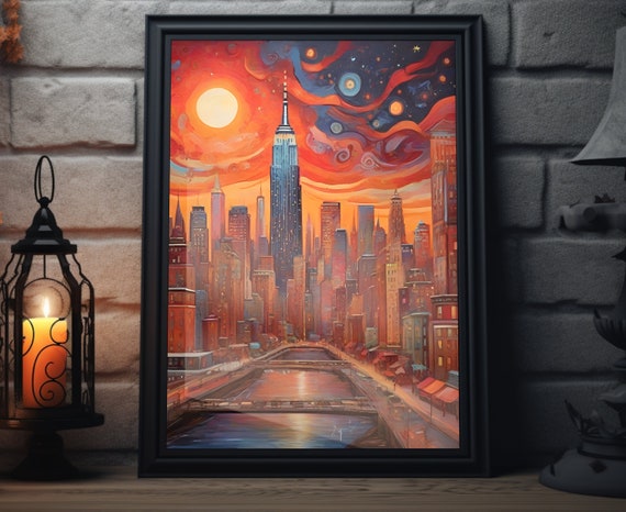 New York Starry Sunset Matte Wall Art New York City Artwork Empire State Print New York Painting Nyc Decor New York Folk Art Poster