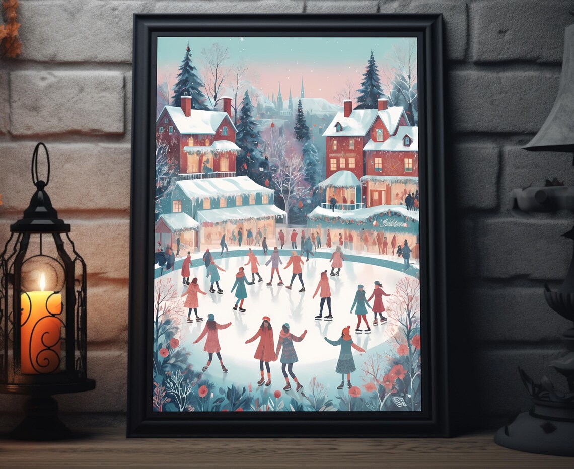 Ice Skating Village Snow Christmas Town Holiday Folk Art Poster