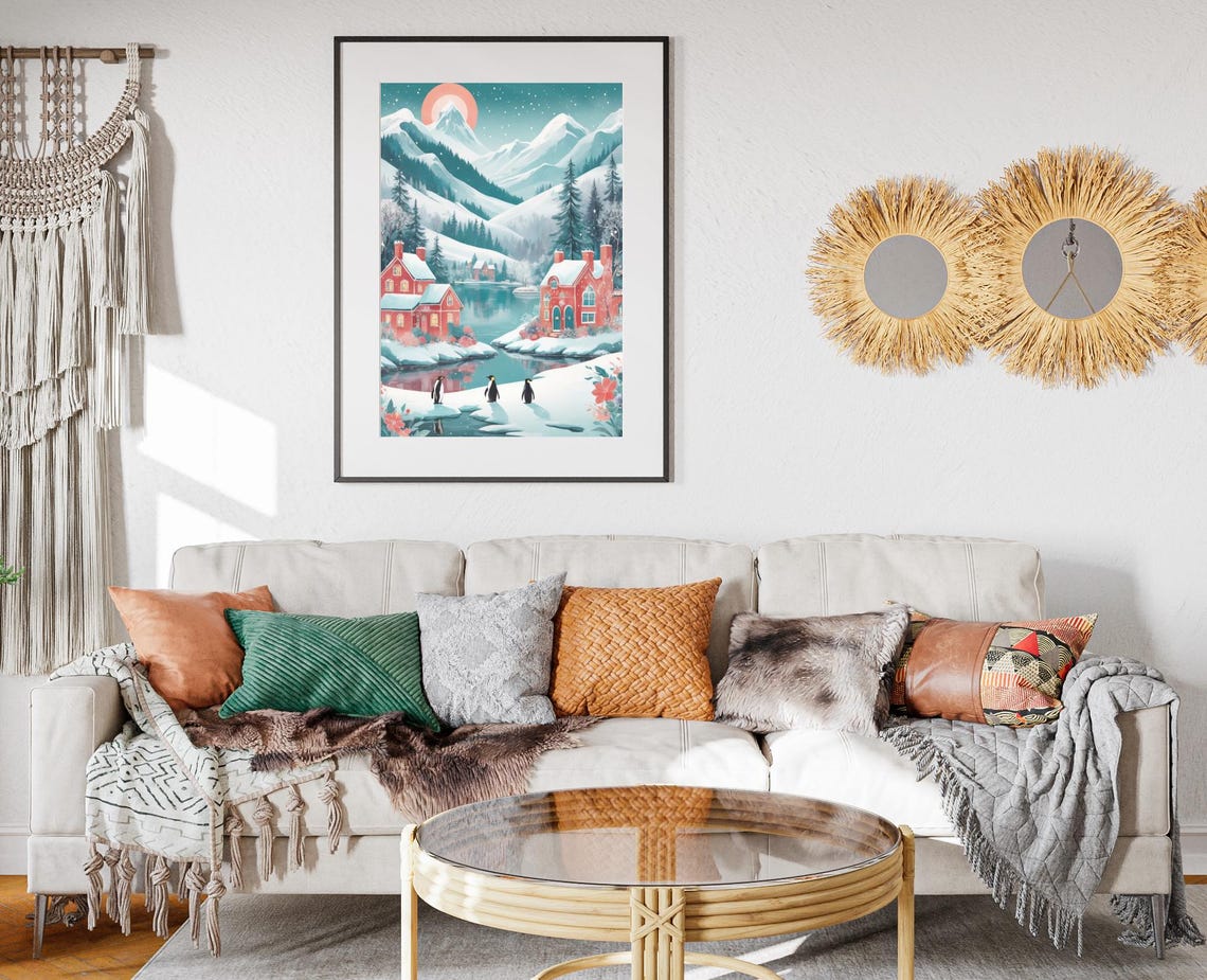 Penguins By Mountain Lake With Red Houses Winter Scene Art Poster - Image 2