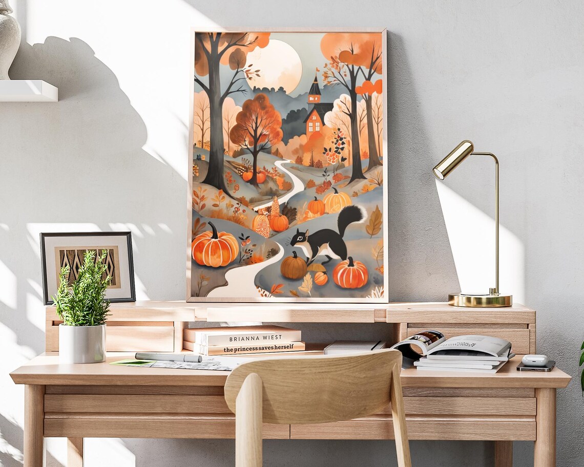 Fall Squirrel Folk Art Pumpkins Forest Path Full Moon Church Village Poster - Image 4
