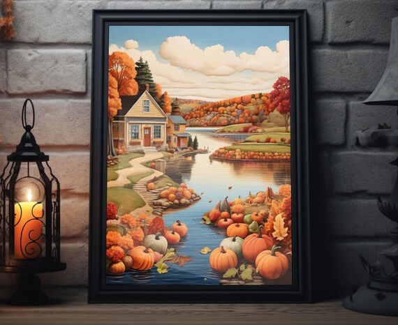Autumn Lake Cottage Pumpkin Shore Stone Path Folk Art Poster