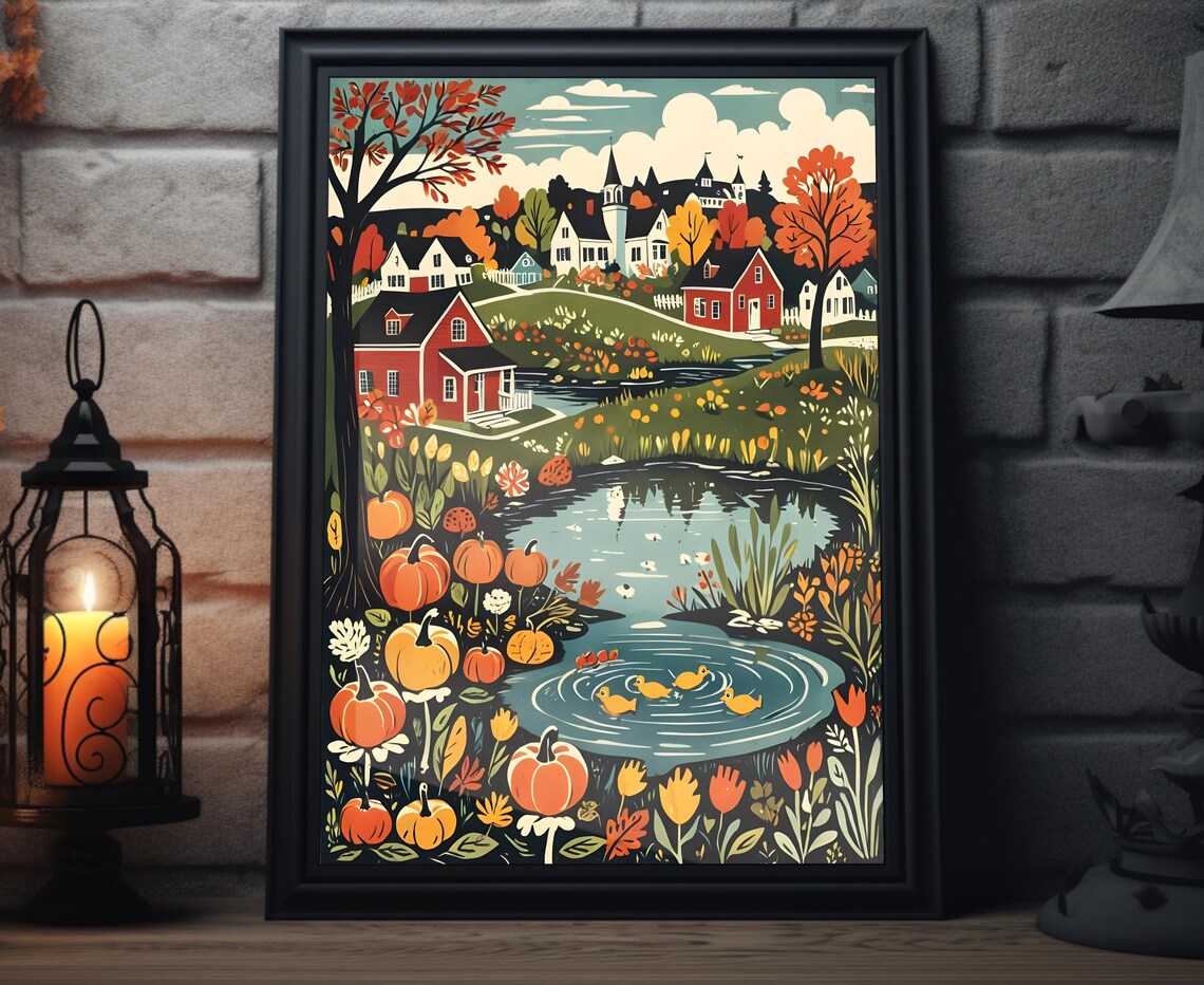 Autumn Pond Ducklings Pumpkins Village Church Thanksgiving Poster