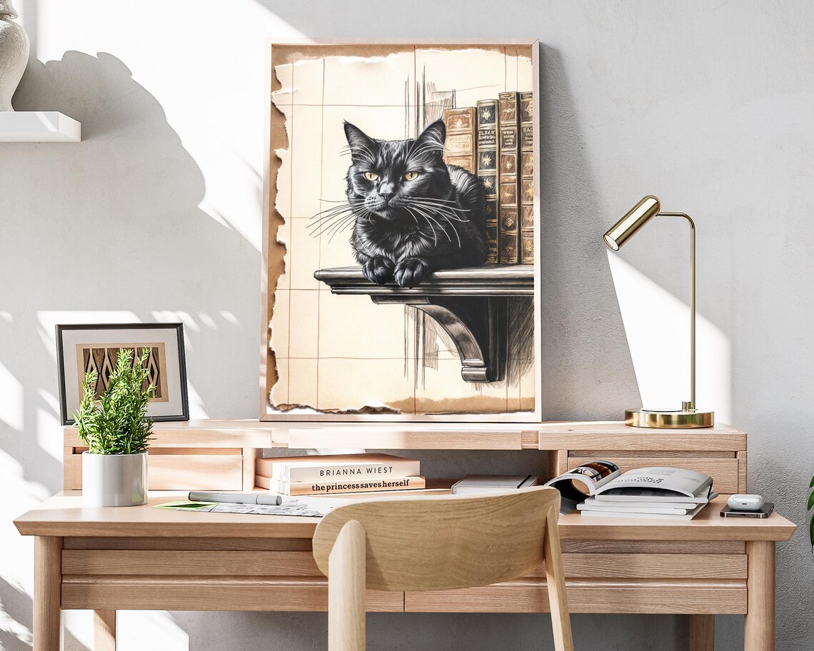 Black Cat Resting On Library Shelf Vintage Sketch Art Poster - Image 4