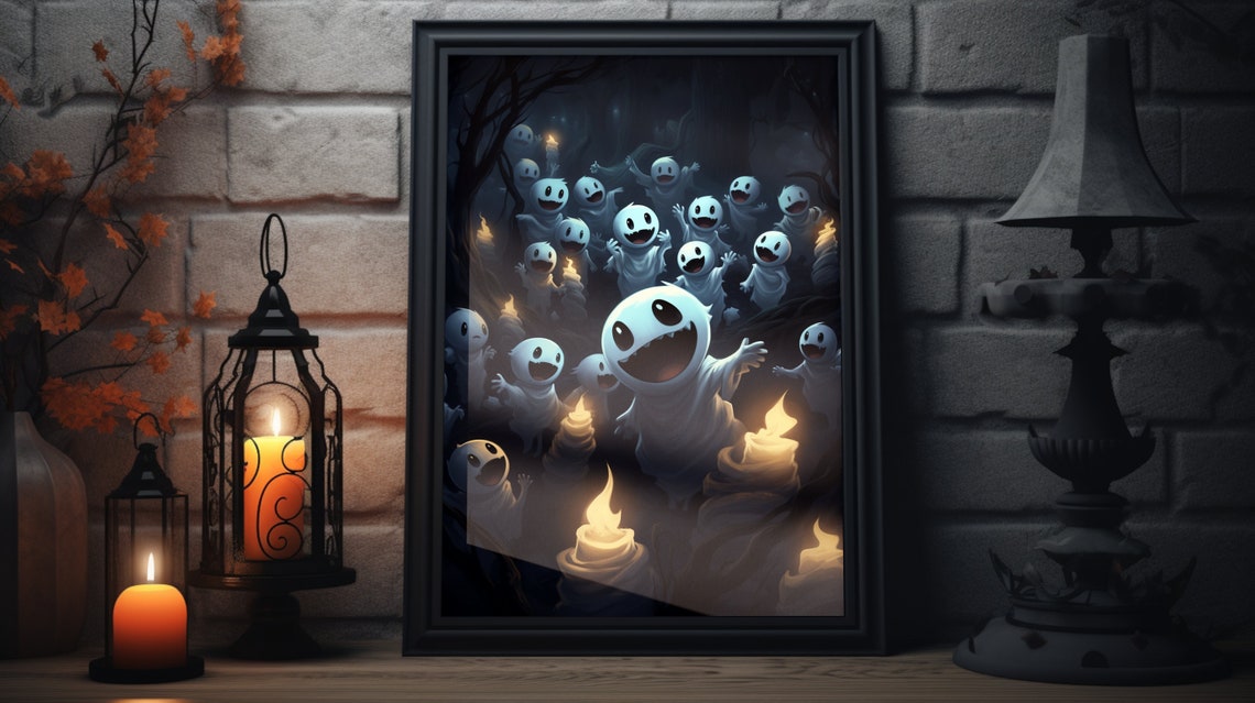 Original And Cute Ghost Halloween Scene Wall Art Unframed Poster Adorable And Spooky Decoration