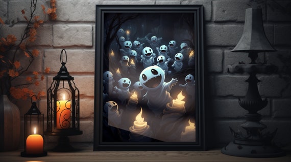 Original And Cute Ghost Halloween Scene Wall Art Unframed Poster Adorable And Spooky Decoration