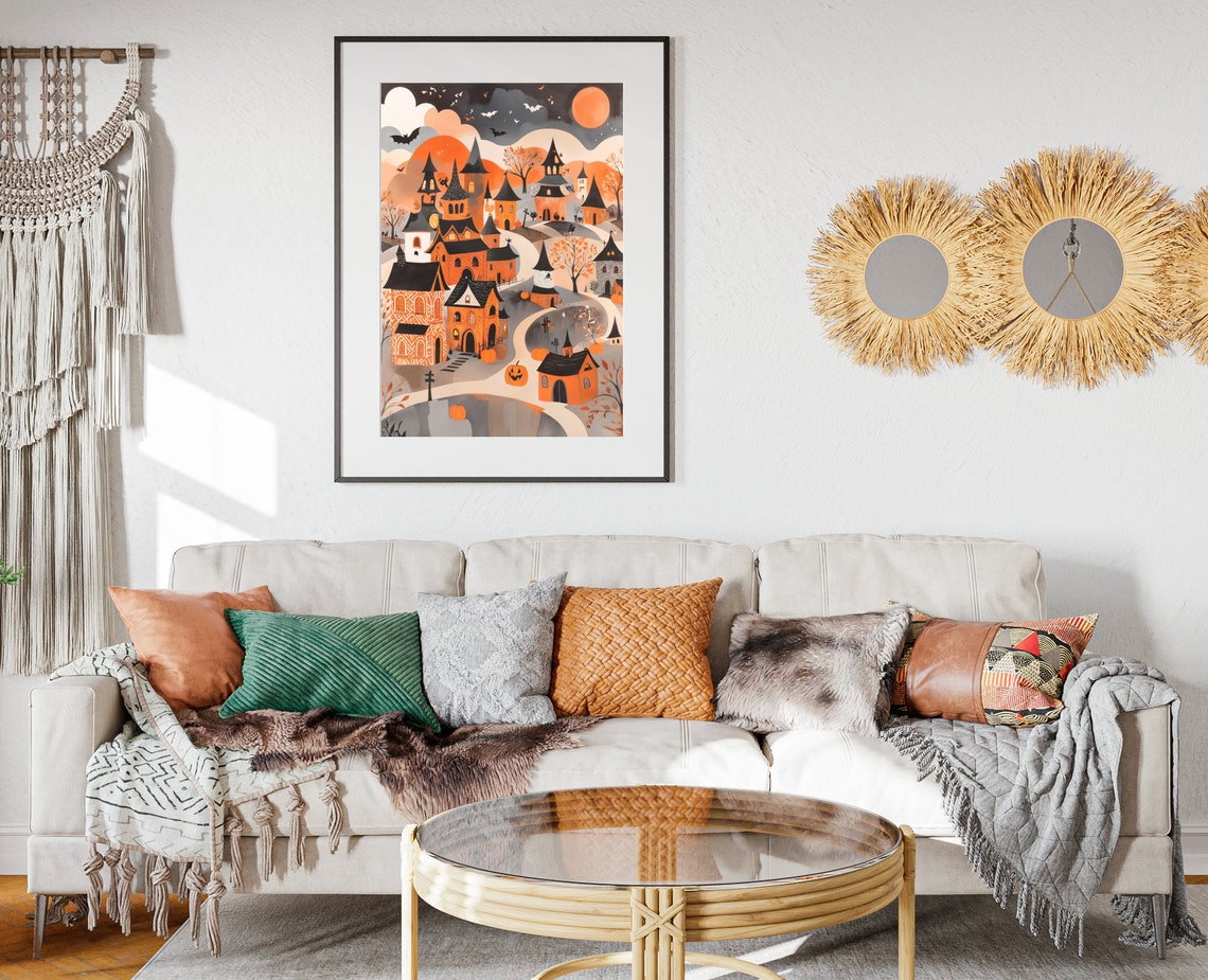Orange Halloween Town Patterned Houses Bats Moonlit Night Poster - Image 2