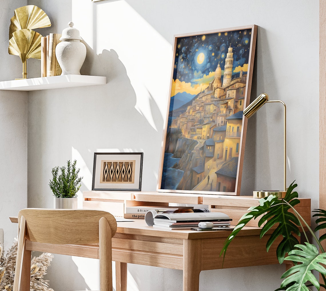 Italy Starry Night Matte Wall Art Italian Lakeview Artwork Leaning Tower Of Pisa Print Italy Painting Italian Decor Italy Art Poster - Image 2