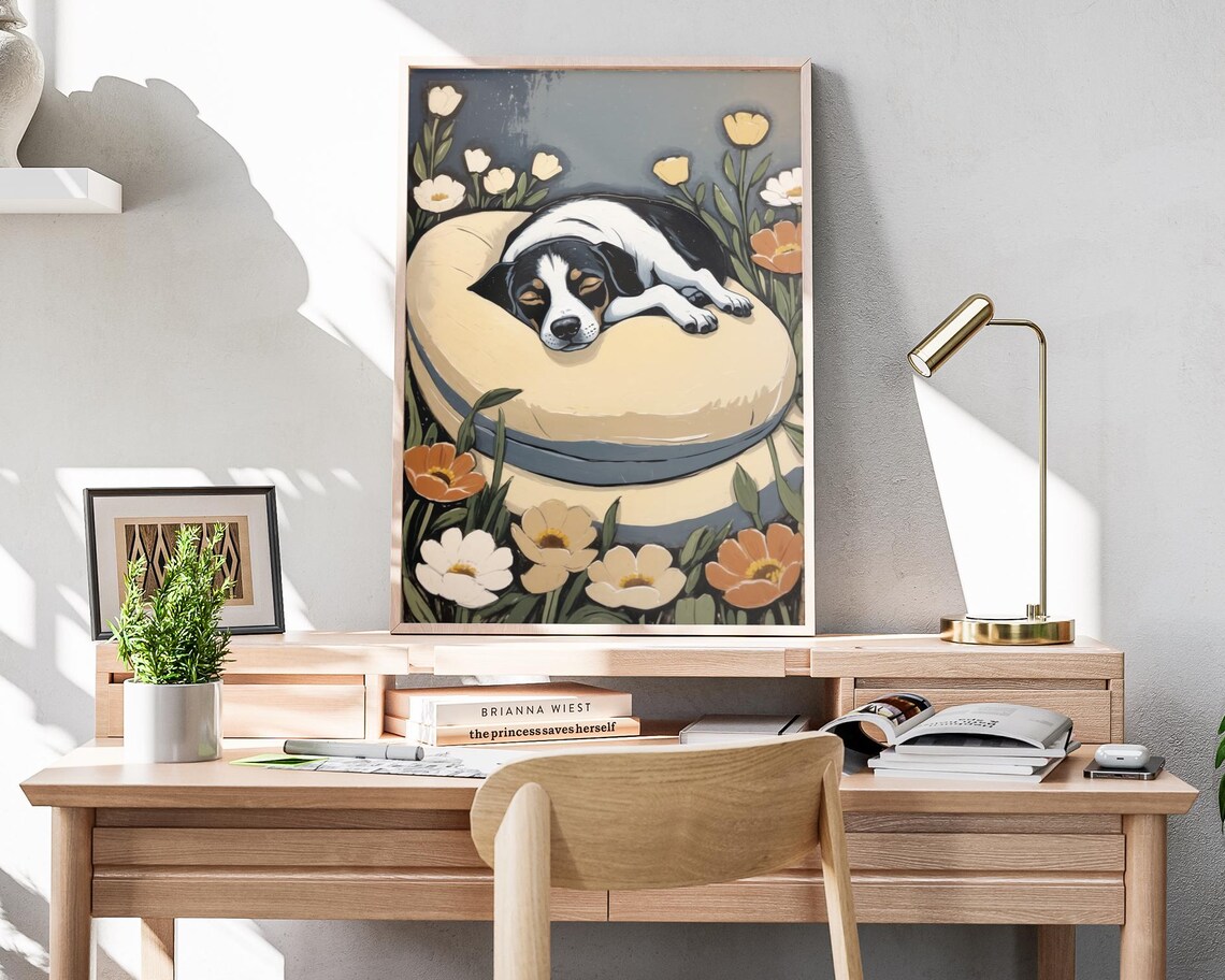 Sleeping Puppy Floral Art Cozy Curled Dog Among Flowers Print - Image 4
