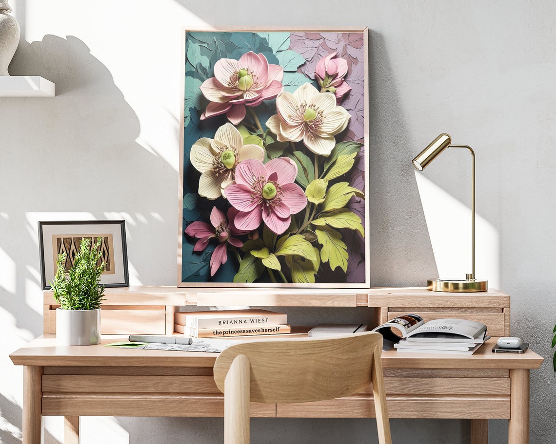 Pink Hellebore Flowers 3D Paper Quilling Floral Spring Wall Art Poster - Image 4