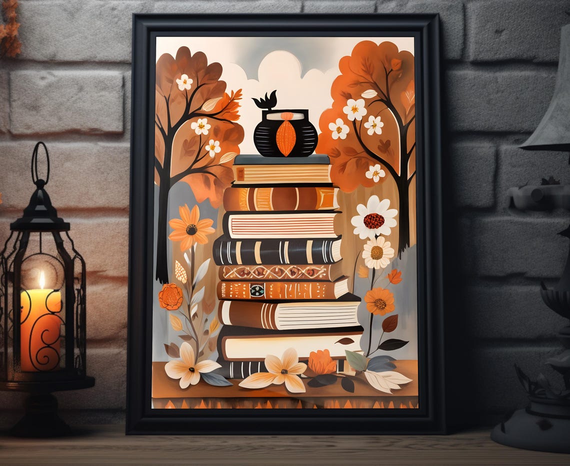 Stacked Books Teapot Autumn Trees Floral Book Lover Art Poster