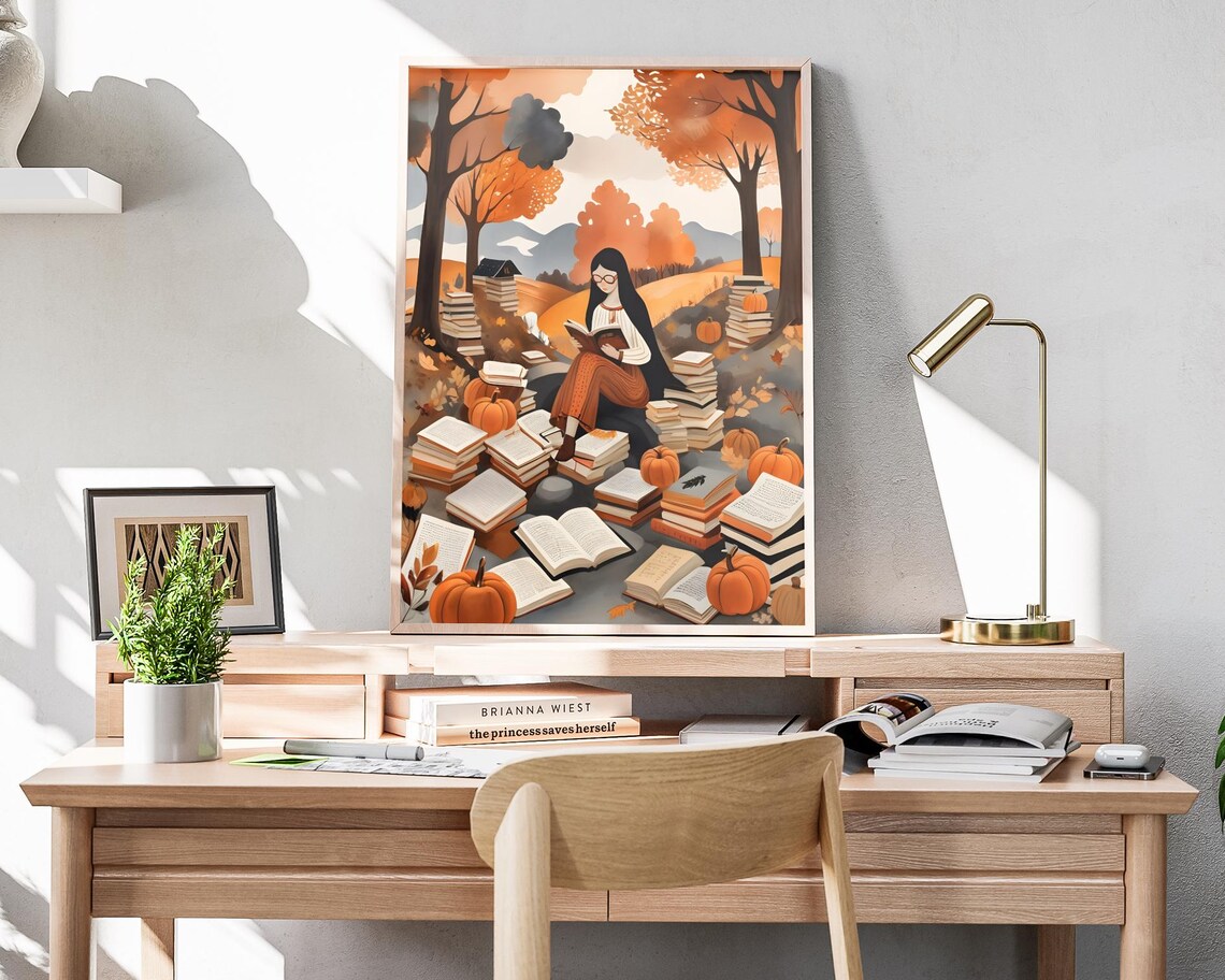 Woman With Glasses Reading Among Pumpkins And Books Autumn Forest Poster - Image 4