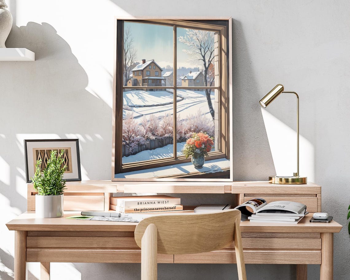 Snowy Village Through Open Window Winter Morning Scene Wall Art Poster - Image 4