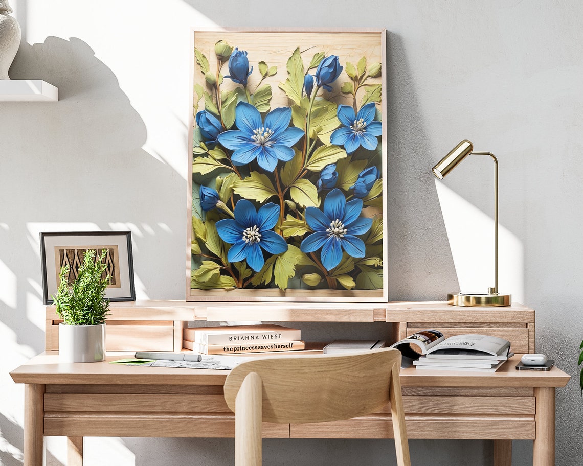 Blue Wildflower Sculpted 3D Blooms Wood Spring Botanical Poster - Image 4