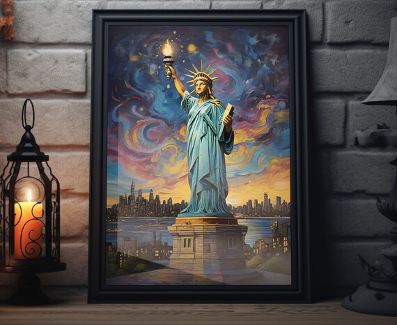 New York Statue Of Liberty Starry Night Skyline Torch Harbor Art Poster