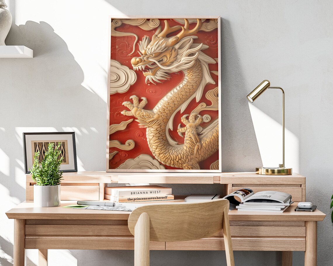 Golden Chinese Dragon Carved Wood Red Background New Year Poster - Image 4